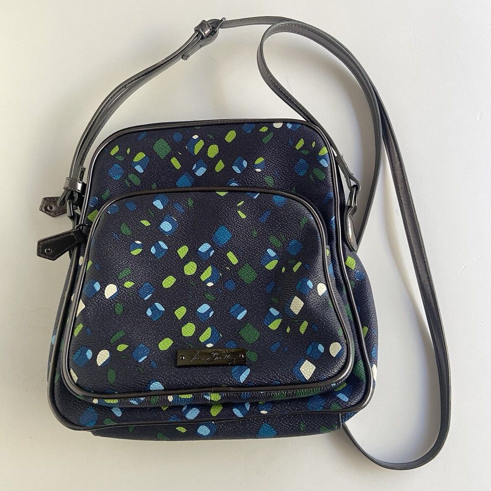 Vera Bradley “Ink Spots” Double Zip Crossbody PVC Vinyl Navy Blue Lime Dot